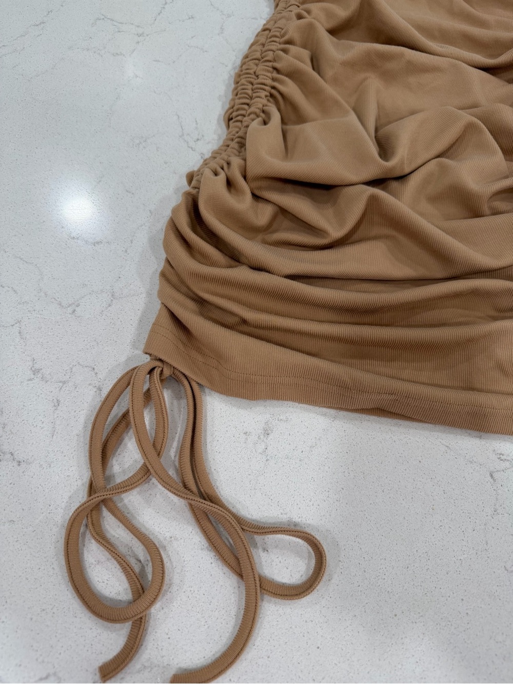 Style Rack Tan Mock Neck Ruched Mini Dress - Picture 6 of 8